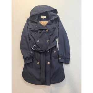 Michael Kors Navy Blue Hooded Trench Coat Double Breasted Belted Petite Medium